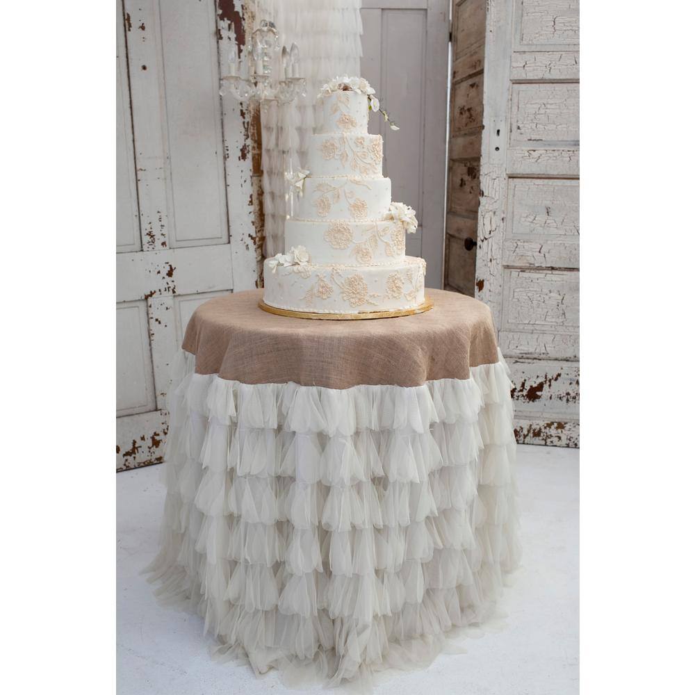 Couture Dreams Chichi 36 in. Dia Ivory Solid Petal Tulle with Tan Jute Top Tablecloth
