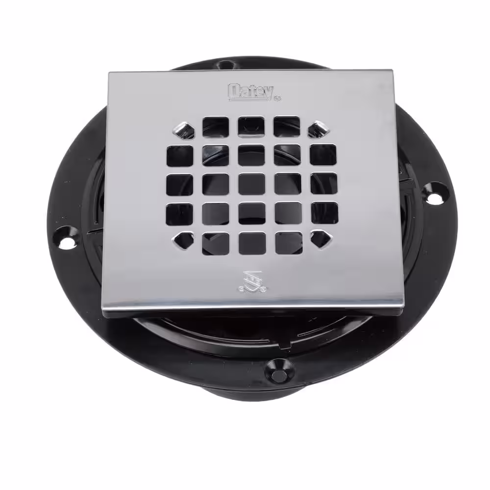 Oatey Round Black ABS Shower Drain with 4-1/2 in. Square Snap-In Stainless Steel Drain Cover