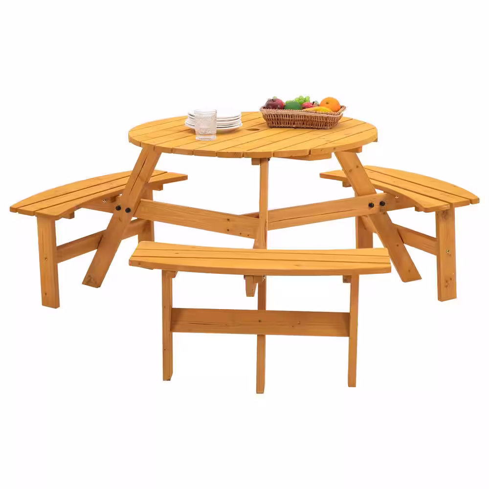 None 6-Person Circular Outdoor Wooden Picnic Table for Patio, Backyard, Garden with Umbrella Hole