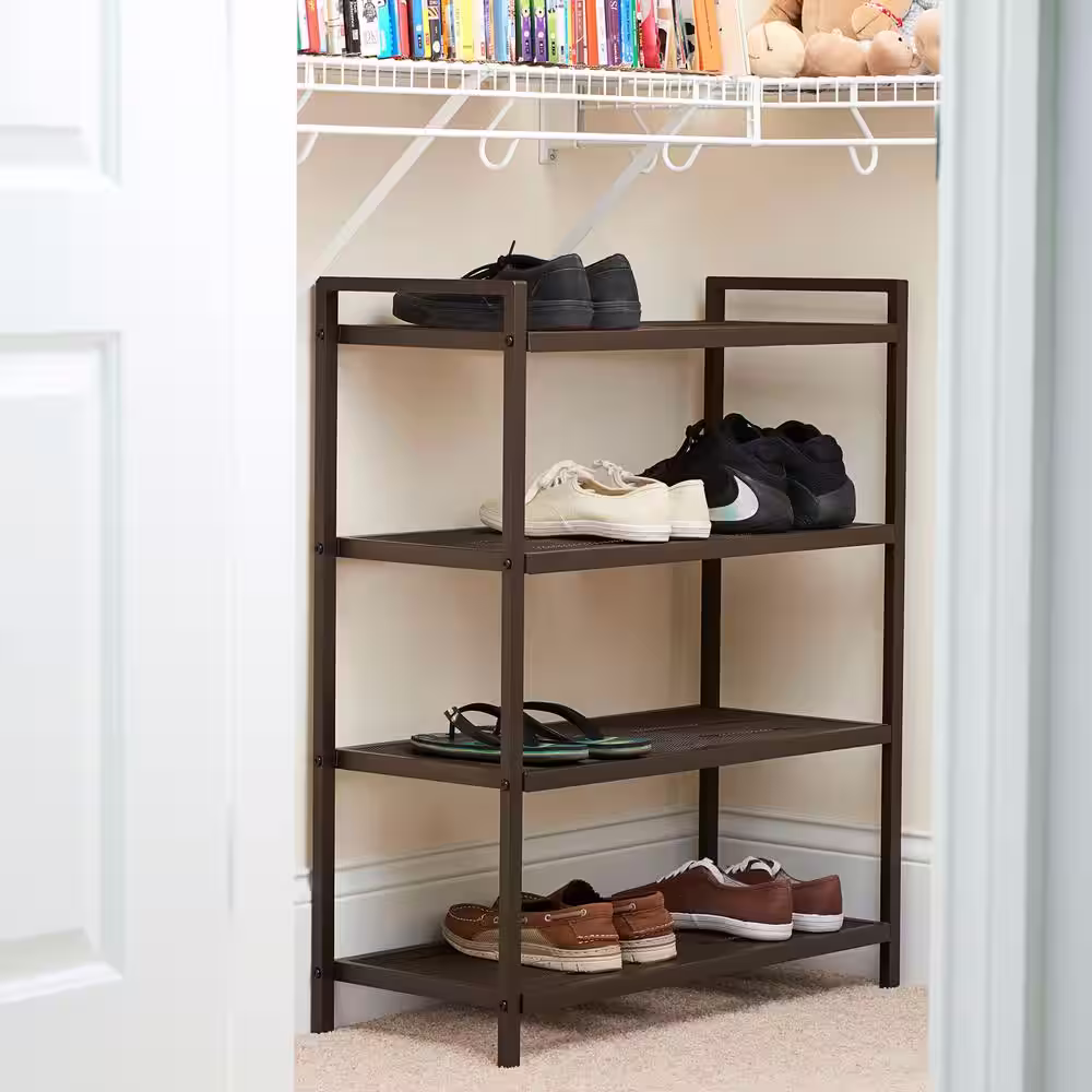 HOUSEHOLD ESSENTIALS 26.7 H 12-Pair 4-Tier Brown Metal Shoe Rack