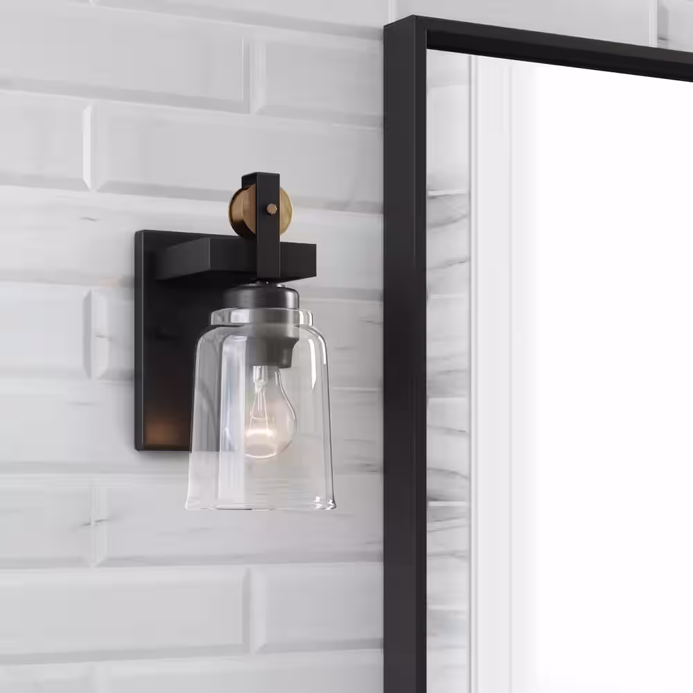 Home Decorators Collection Knollwood 4.5 in. Antique Bronze Sconce with Vintage Brass Accents and Clear Glass Shade