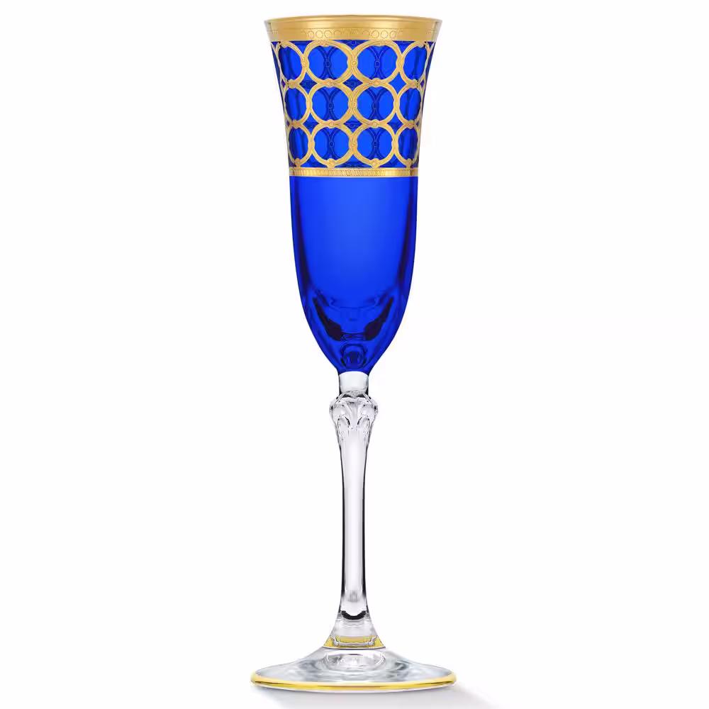 Lorren Home Trends 5 oz. Cobalt Blue with Gold Rings Champagne Flute Stem Set (Set of 4)