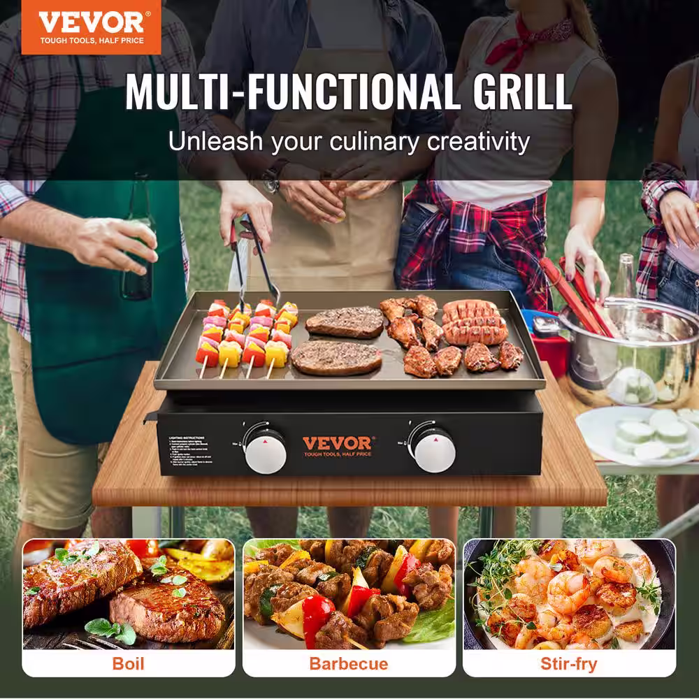 VEVOR Flat Top Griddle 22.4 in. Heavy-Duty Gas Griddle 2-Burner Countertop Gas Grill with Non-Stick Cooking Plate