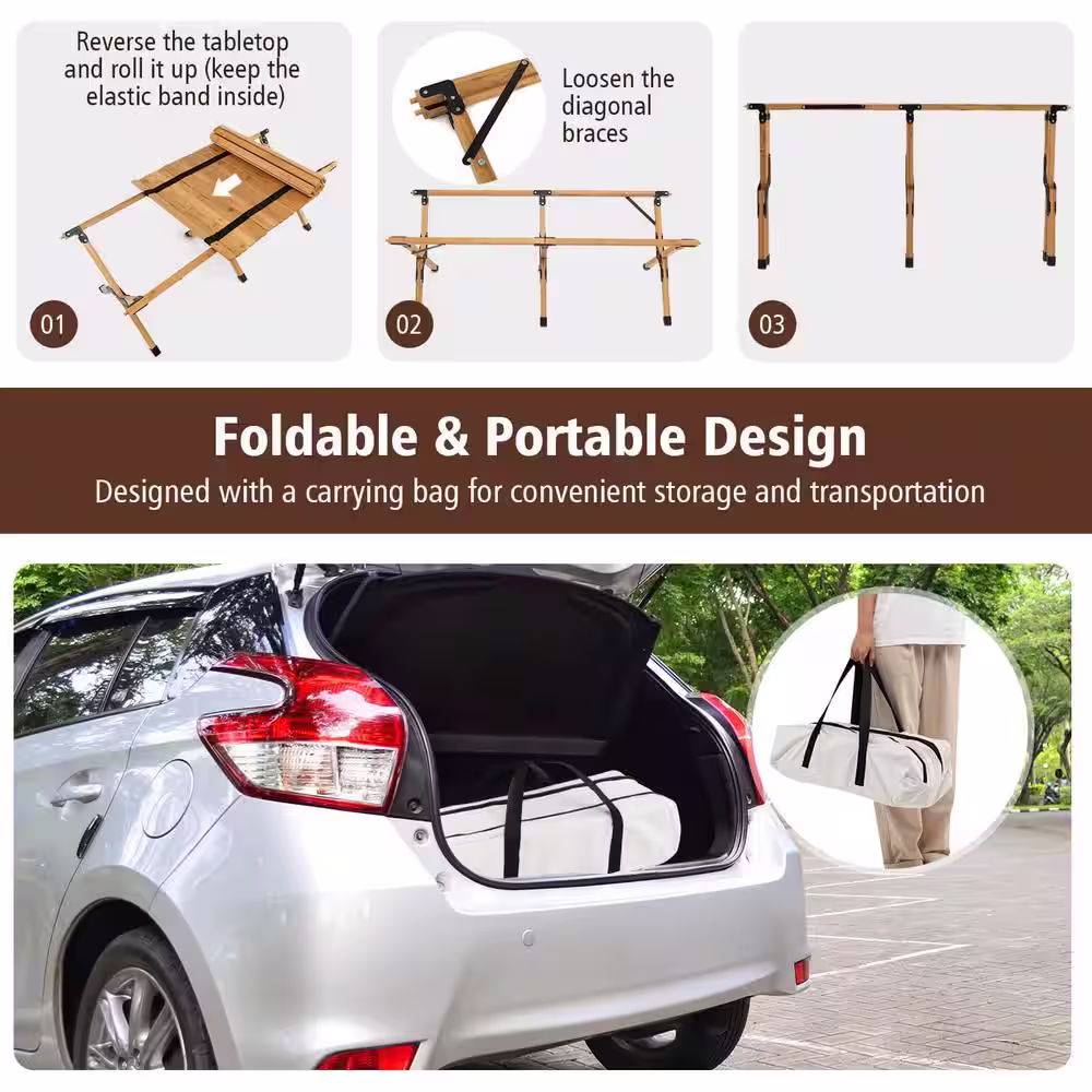 WELLFOR 48 in. Bamboo Portable Picnic Table with a Carrying Bag in Natural
