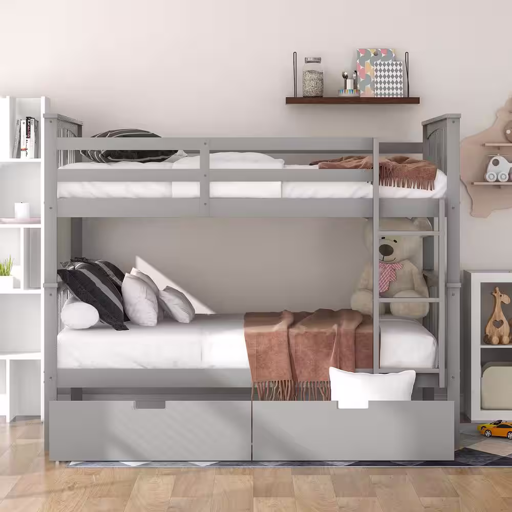 None Gray Full Over Full Bunk Bed with 2-Drawers and Ladder, Detachable Full Size Solid Wood Kids Bunk Bed Frame