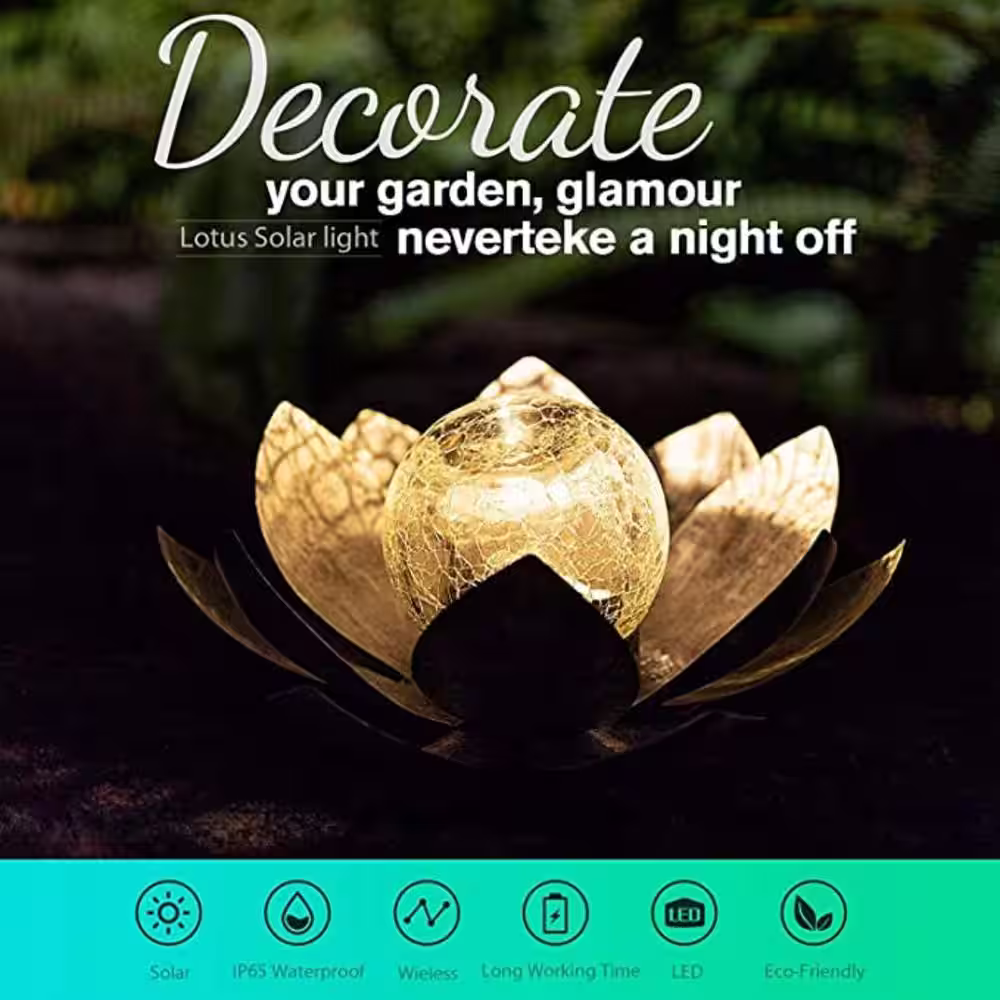None Garden Solar Light Outdoor, Crackle Globe Glass Lotus Decoration, Waterproof Metal LED Flower Lights (2-Pack)