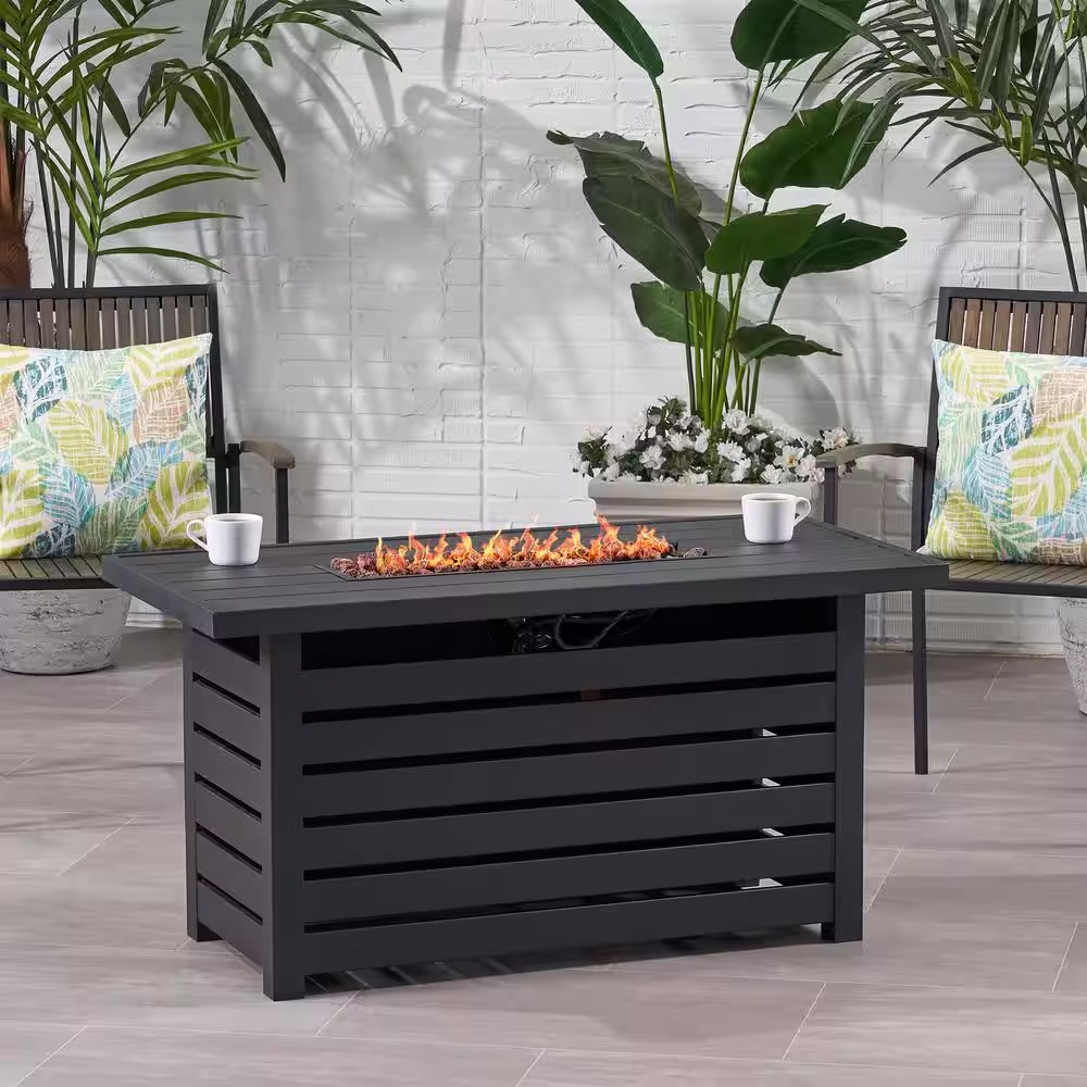 Noble House Rene 47.25 in. W x 24 in. H Outdoor Iron Gas Burning Matte Black Rectangular Fire Pit