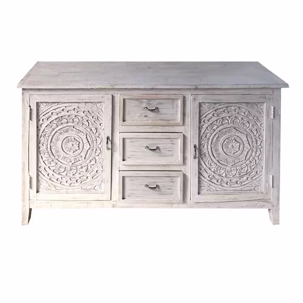 THE URBAN PORT Antique White Mango Wood Handcrafted Farmhouse Carved Sideboard Console Buffet with 2-Engraved Doors and 3-Drawers