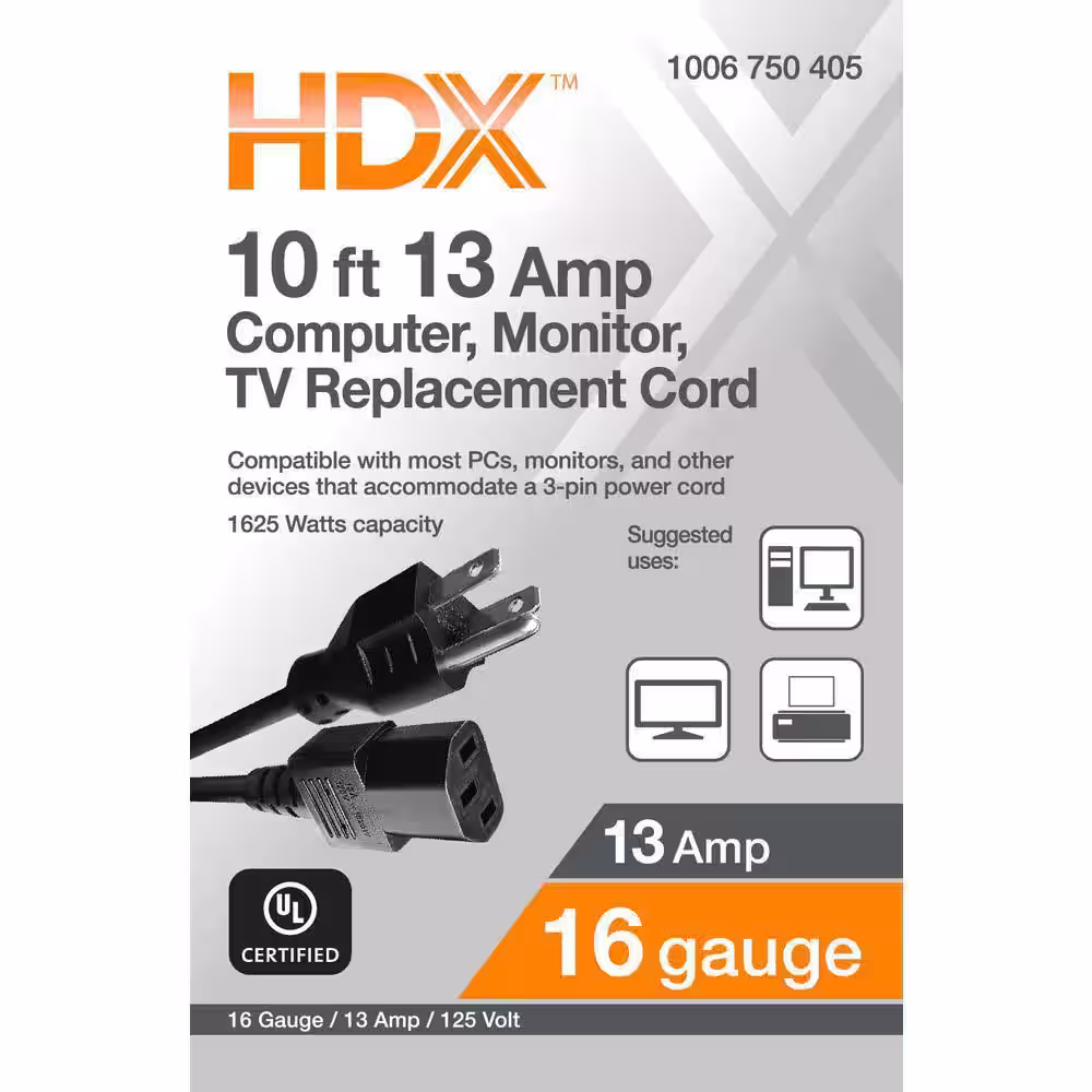 HDX 10 ft. 16/3 Light Duty Computer, Monitor, TV Replacement Cord, Black