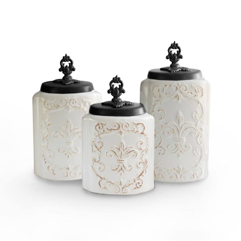 American Atelier 3-Piece White Antique Ceramic Canister Set with Lid