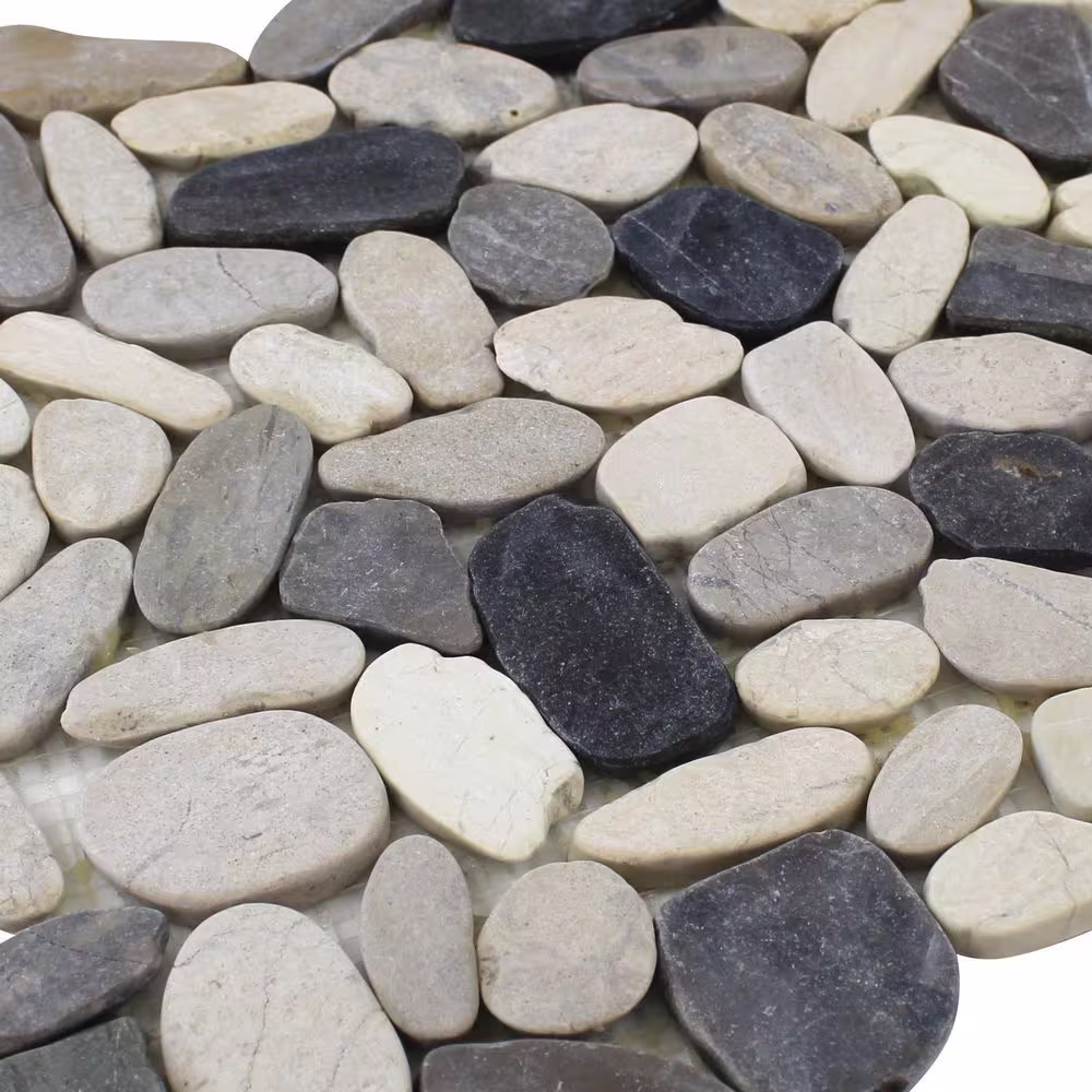 Rain Forest 12 in. x 12 in. White, Grey and Dark Grey Honed Sliced Pebble Floor and Wall Tile (5.0 sq. ft. / case)