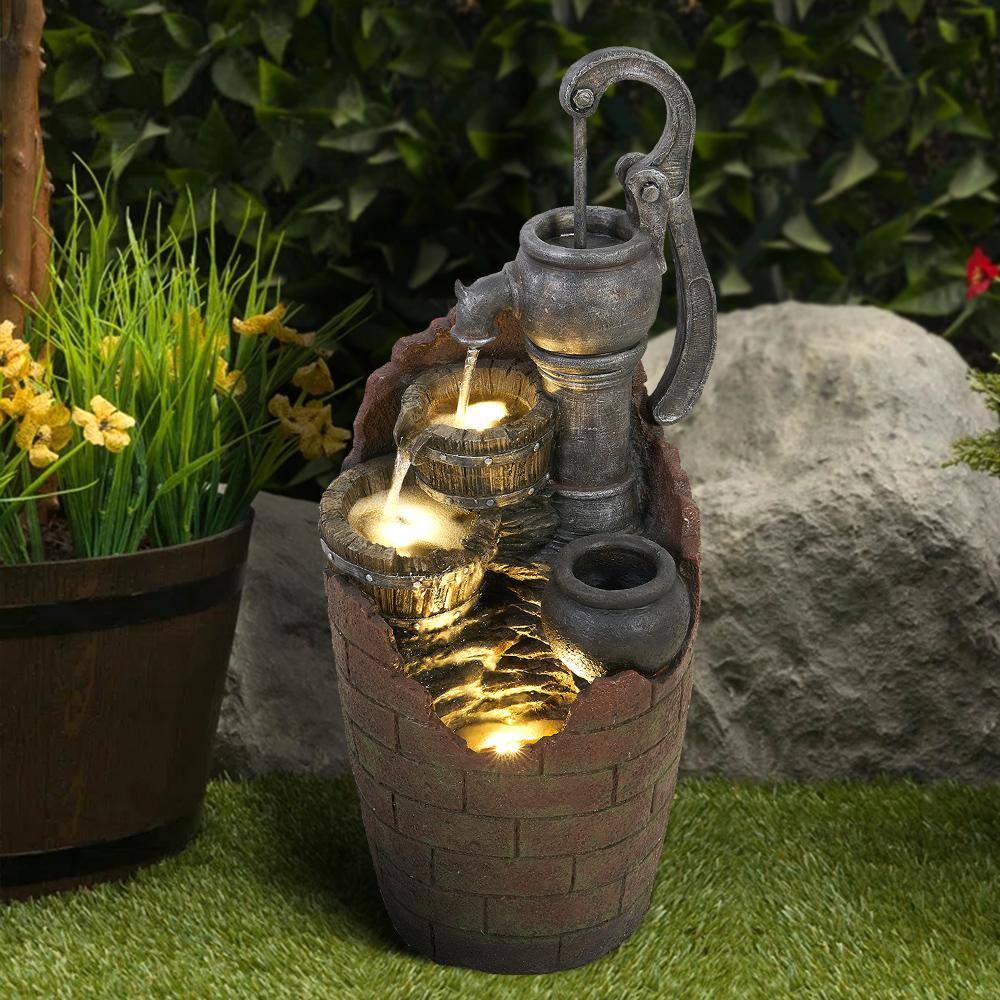 Watnature 32.6 in. Resin Barrel Fountain with Adjustable Pump Cascading Water Fountain Outdoor with LED Lights for Garden (4-Tier)