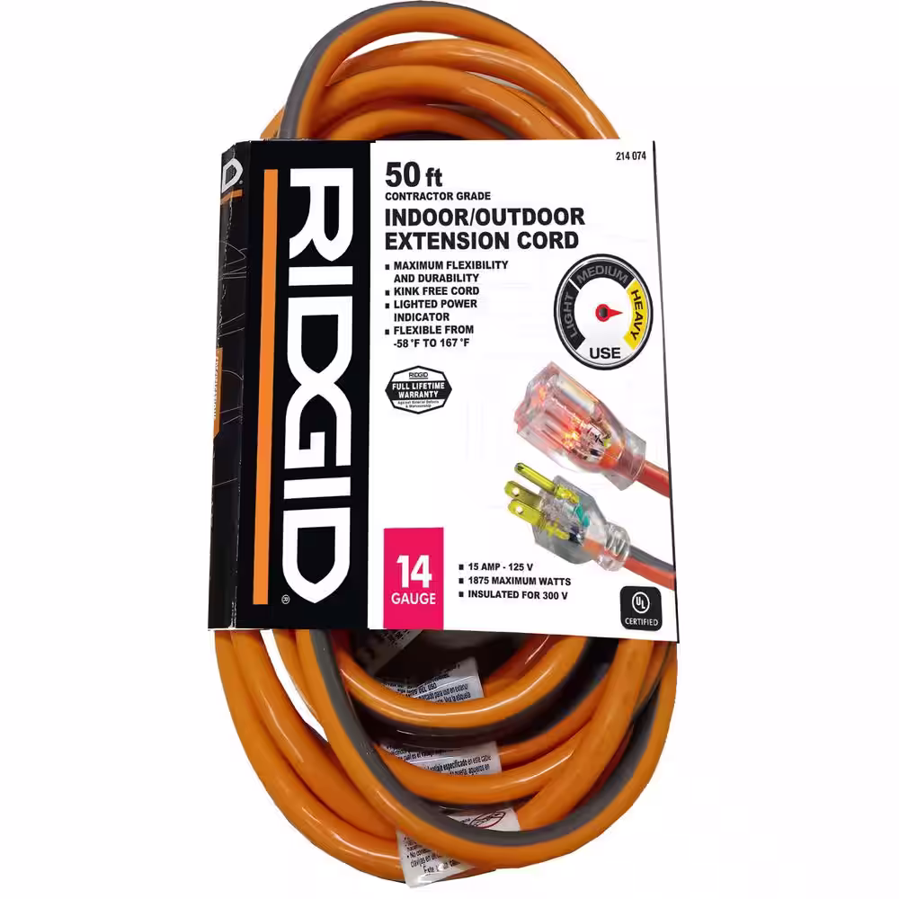RIDGID 50 ft. 14/3 Extension Cord, Orange and Gray