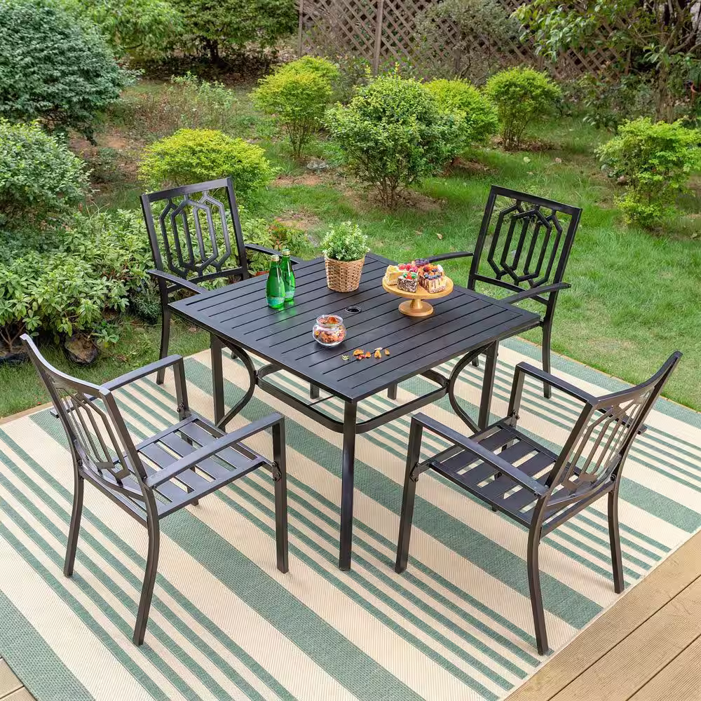 None Black 6-Piece Metal Square Patio Outdoor Dining Set with Slat Table, Umbrella and Fashion Stackable Chairs