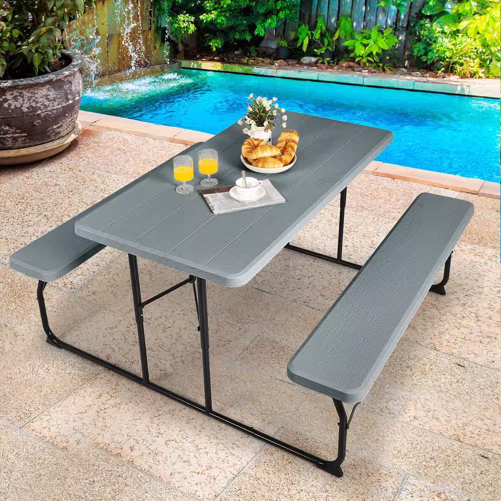 ANGELES HOME 54 in. L Rectangular Metal HDPE Foldable Outdoor Picnic Table Bench Set, Gray