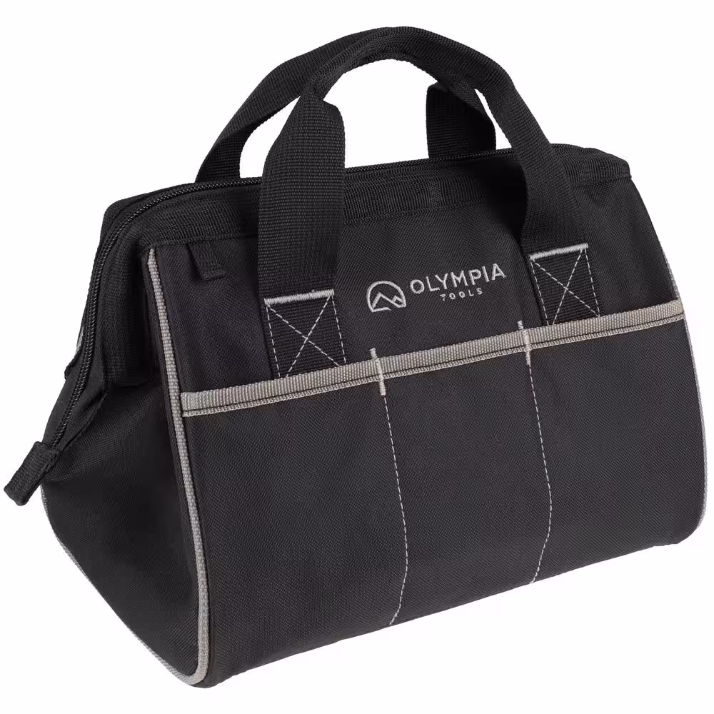 OLYMPIA 12 in. Black Weather-Resistant Wide Mouth Tool Bag, Adjustable Shoulder Strap