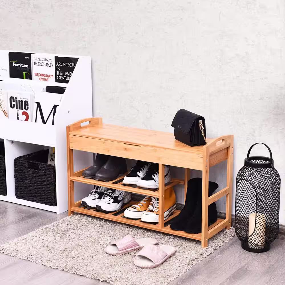 None 19.5 in. H x 31 in. W Bamboo Shoe Storage Bench in Natural