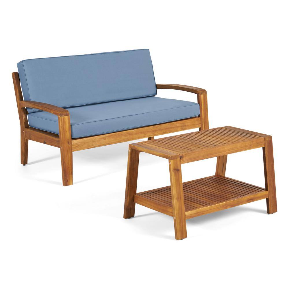 Noble House Grenada Teak Brown 2-Piece Wood Patio Conversation Set with Blue Cushions