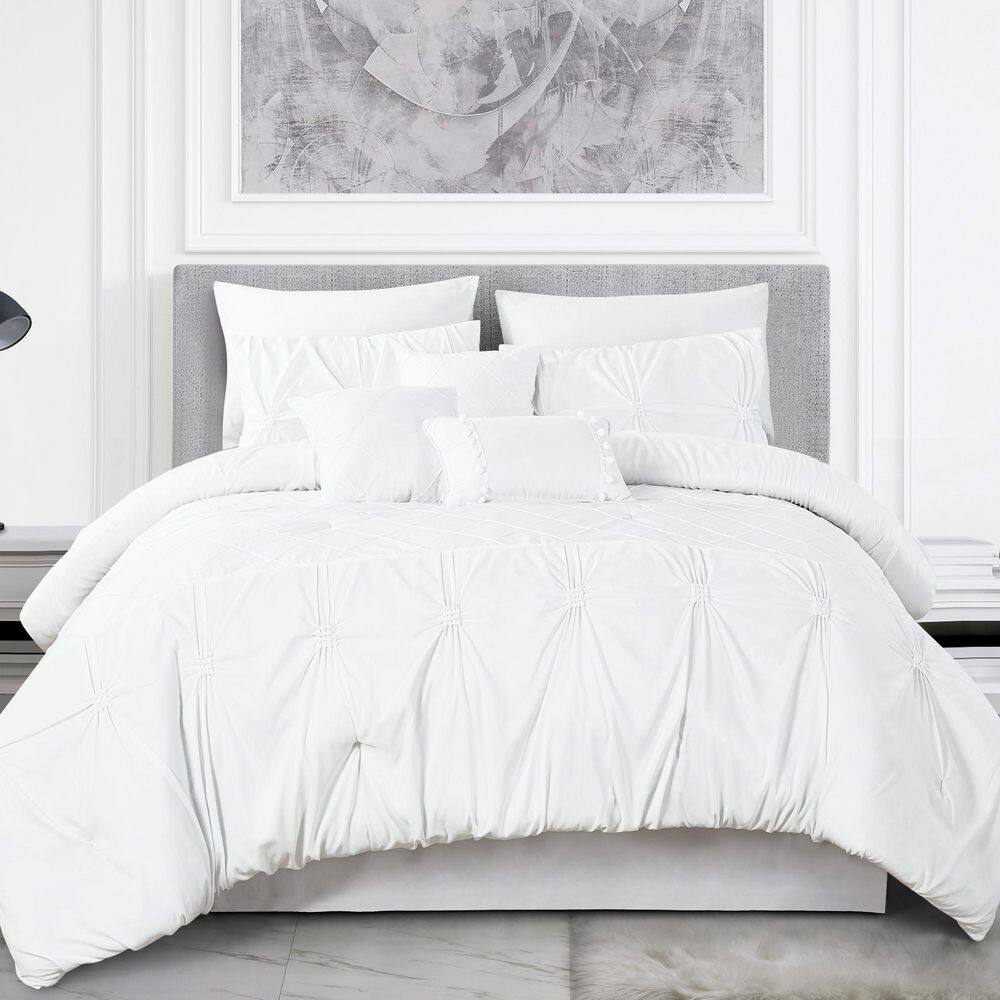 Shatex 7 Piece Queen Size Bedding Comforter Set, Ultra Soft Polyester Elegant Bedding Comforters--White with Striped Folds