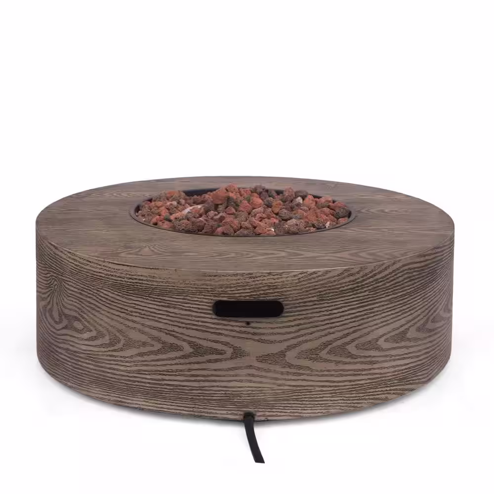 Noble House Midway Metal Brown Wood Pattern Round Fire Pit Table with Tank Holder