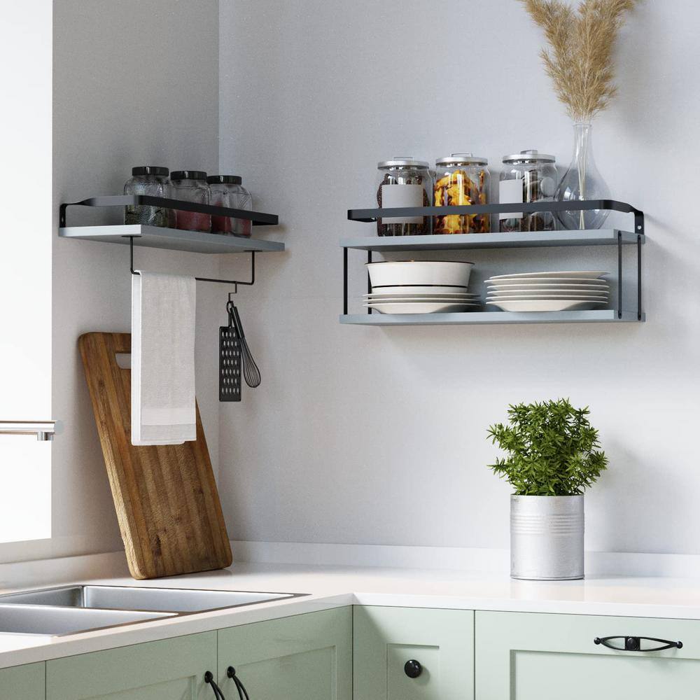 None 16 in. W x 5.7 in. D Grey Wood Decorative Wall Shelf, Wall Mounted Floating Shelves (Set of 2)