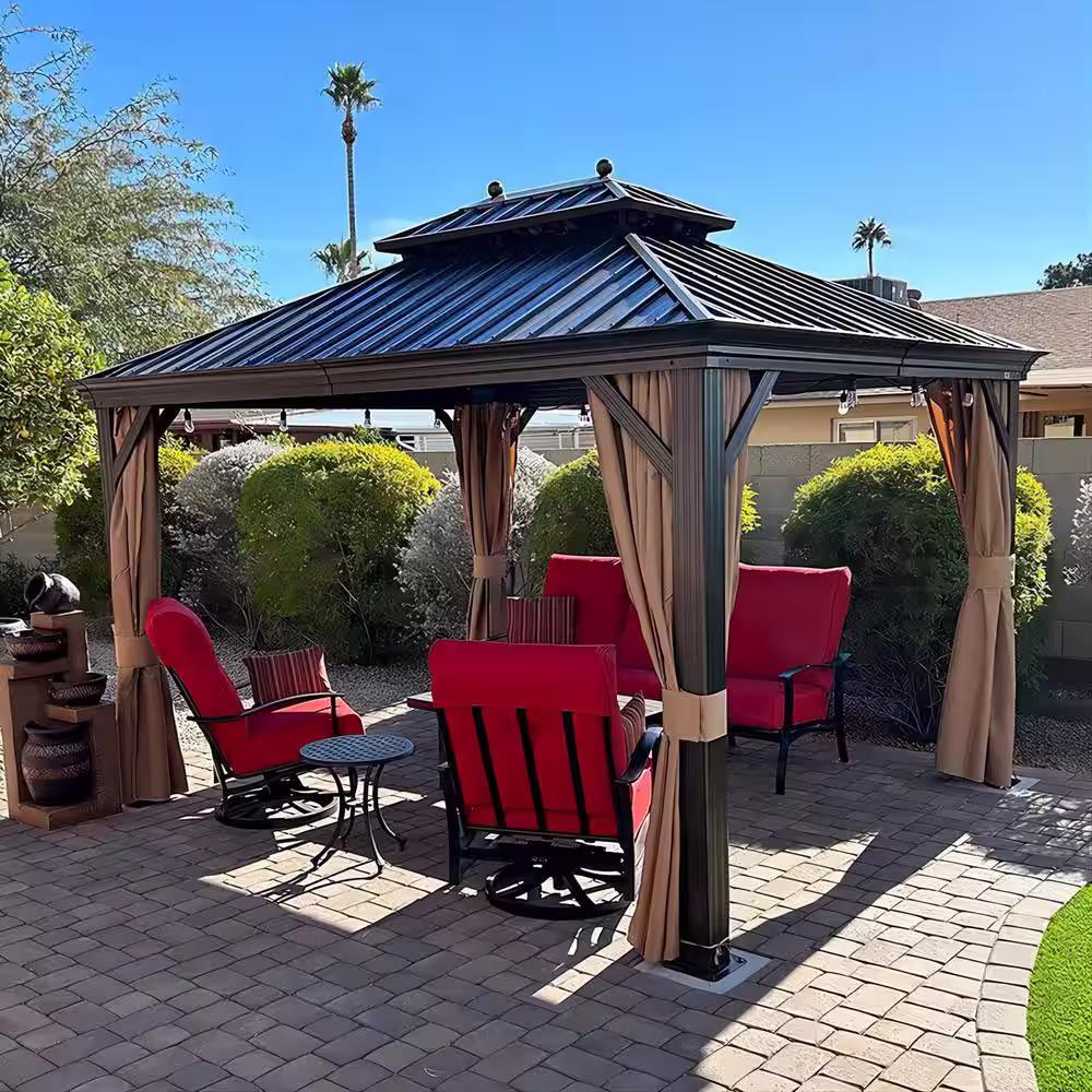 PURPLE LEAF 10 ft. x 12 ft. Aluminum Hardtop Gazebo with Galvanized Steel Double Roof for Patio, with Curtains and Netting, Bronze