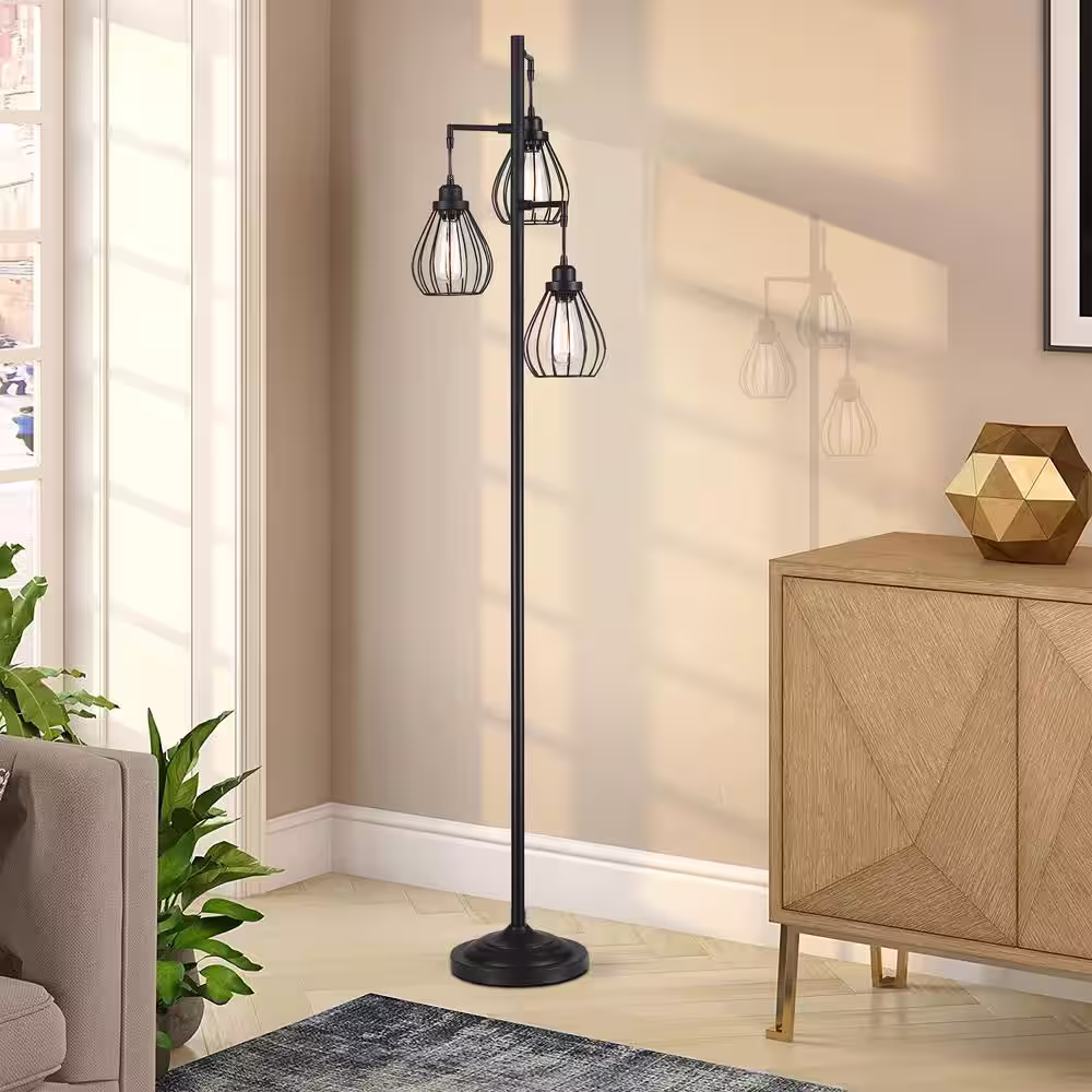 Hukoro 69 in. 3-Light Tree Floor Lamp with Hanging Steel Cage Shade and Matte Black