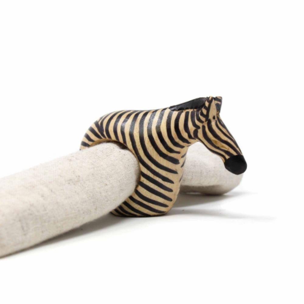 None African Carved Brown Mahogany Zebra Napkin Rings 7 in. W x 6 in. H