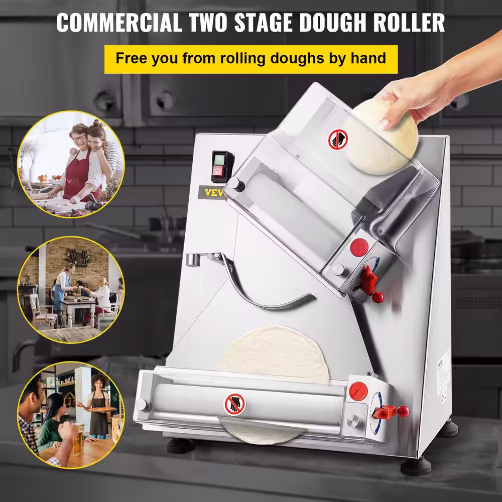 VEVOR Pizza Dough Roller Sheeter Max 12 in. Automatic Dough Roller Sheeter 370 Watt Stainless Steel Pizza Dough Roller