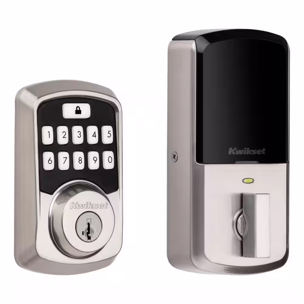 Kwikset Aura Satin Nickel Single Cyl. Elec. BT Keypad Smart Lock Deadbolt Feat SmartKey Security/Avalon Handle and Tustin Lever