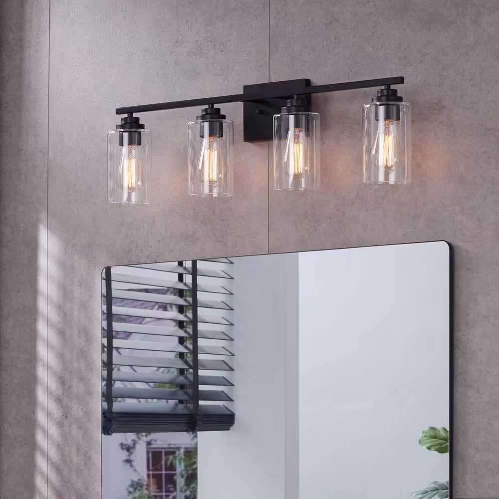 KAWOTI 30 in. 4-Light Black Vanity Light with Clear Glass Shades