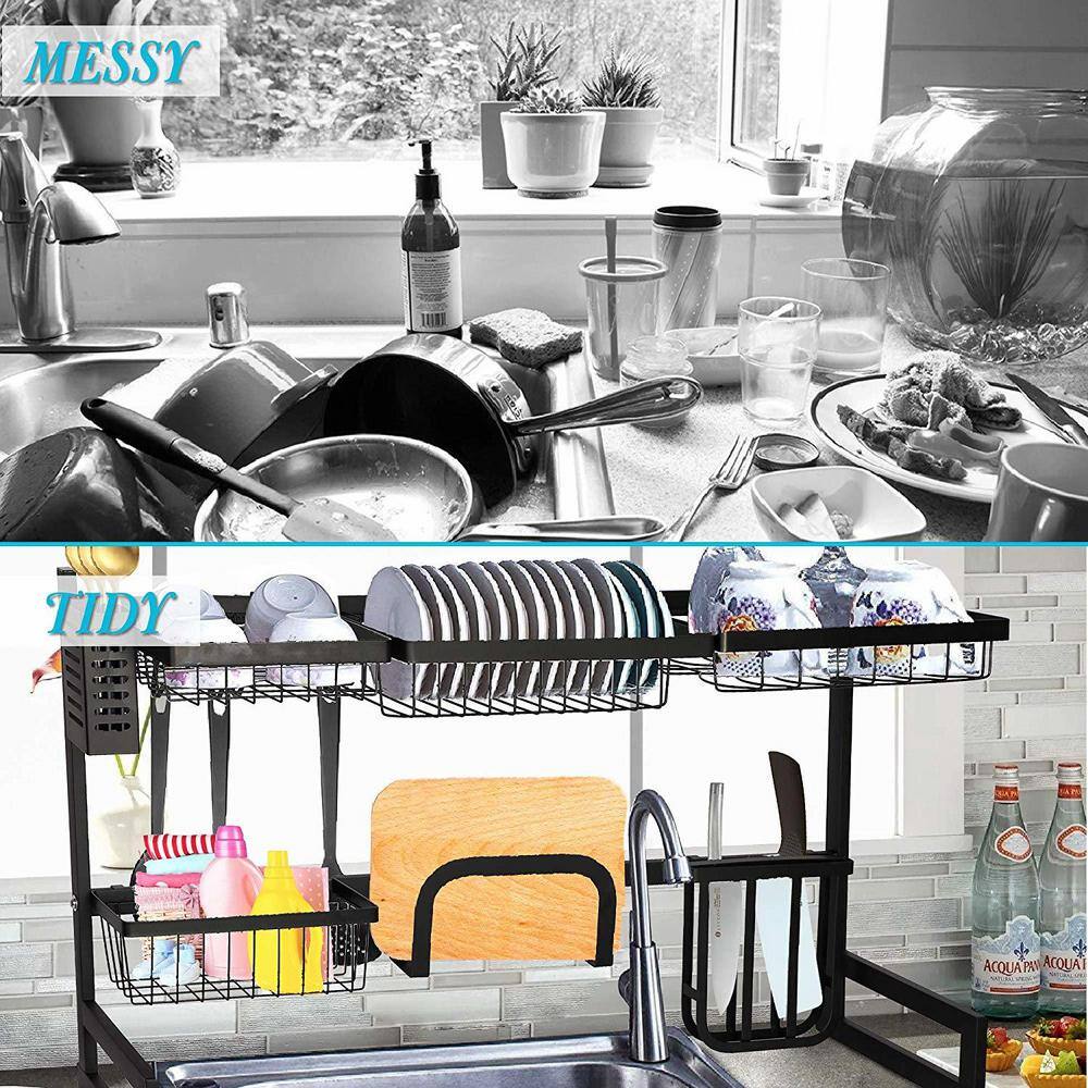 None Over The Sink Dish Drying Rack Stainless Steel Kitchen Supplies Storage Shelf Drainer Organizer, 35
