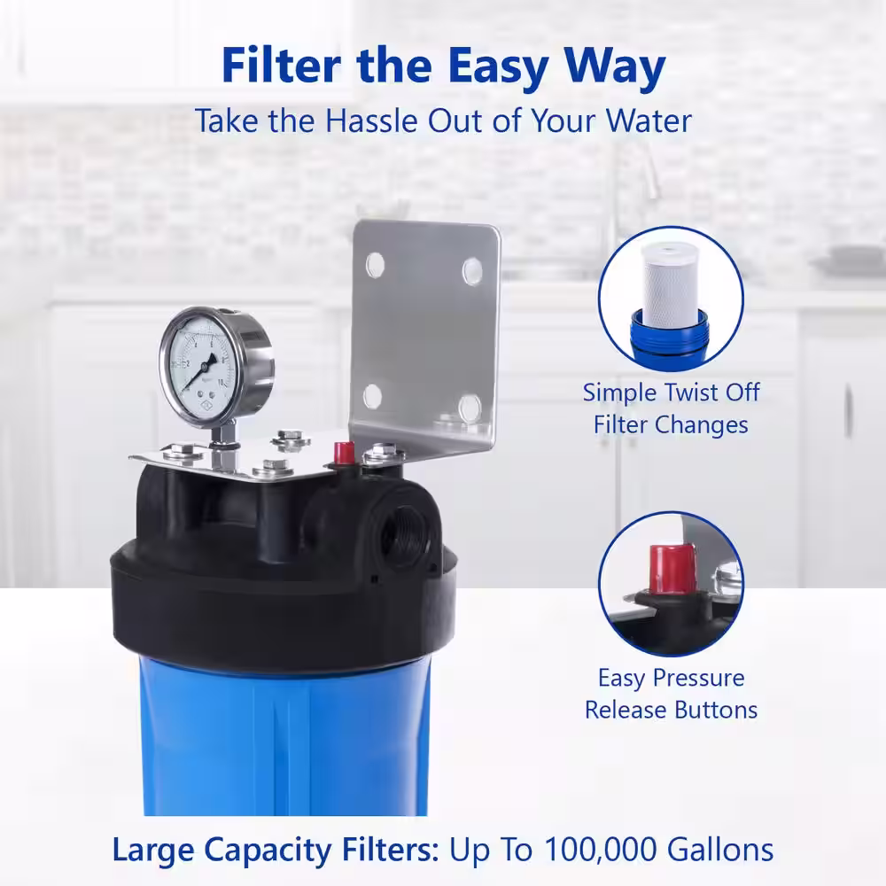 Express Water Whole House 1-Stage Water Filtration System - Charcoal Carbon Filter with Pressure Gauge, Easy Release, 1 in. Connection