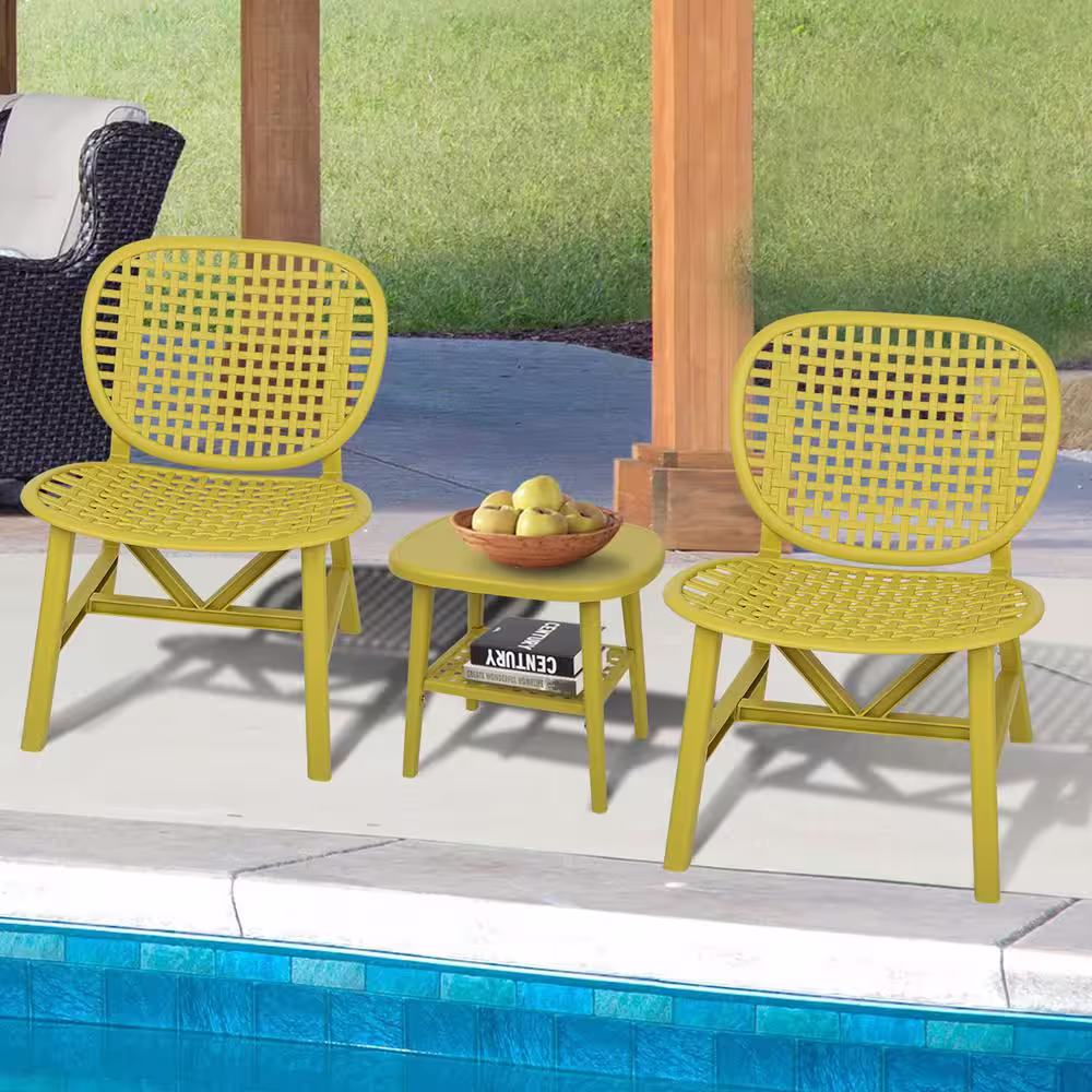 None Yellow 3-Pieces Patio Polypropylene Outdoor Bistro Set, All Weather, Table with Open Shelf and Lounge Chair