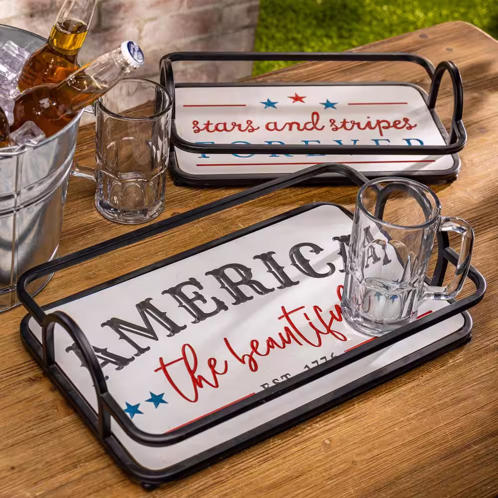 None Assorted Metal and Engraved Wood Americana Trays (Set of 2)