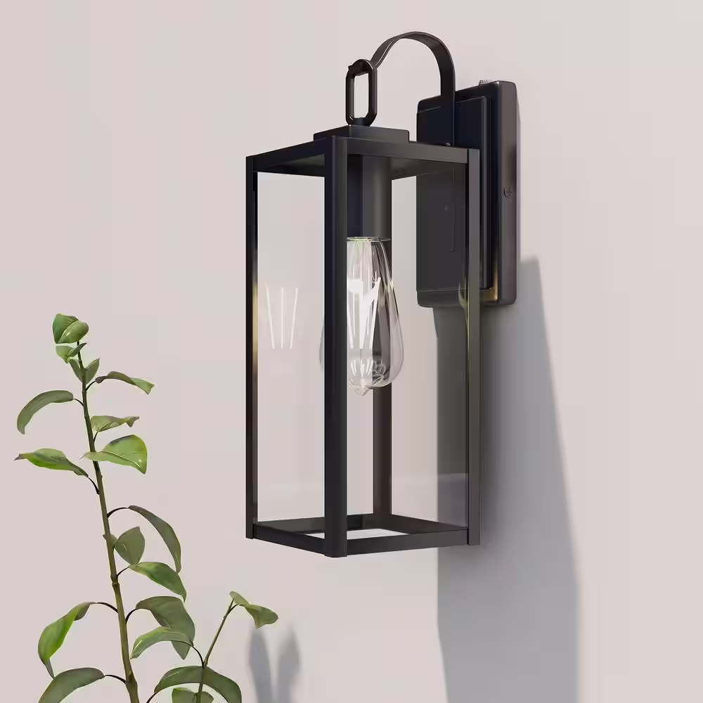 Pia Ricco 1-Light Matte Black Dusk to Dawn Sensor Hardwired Outdoor Lantern Wall Sconce, Exterior Wall Fixture