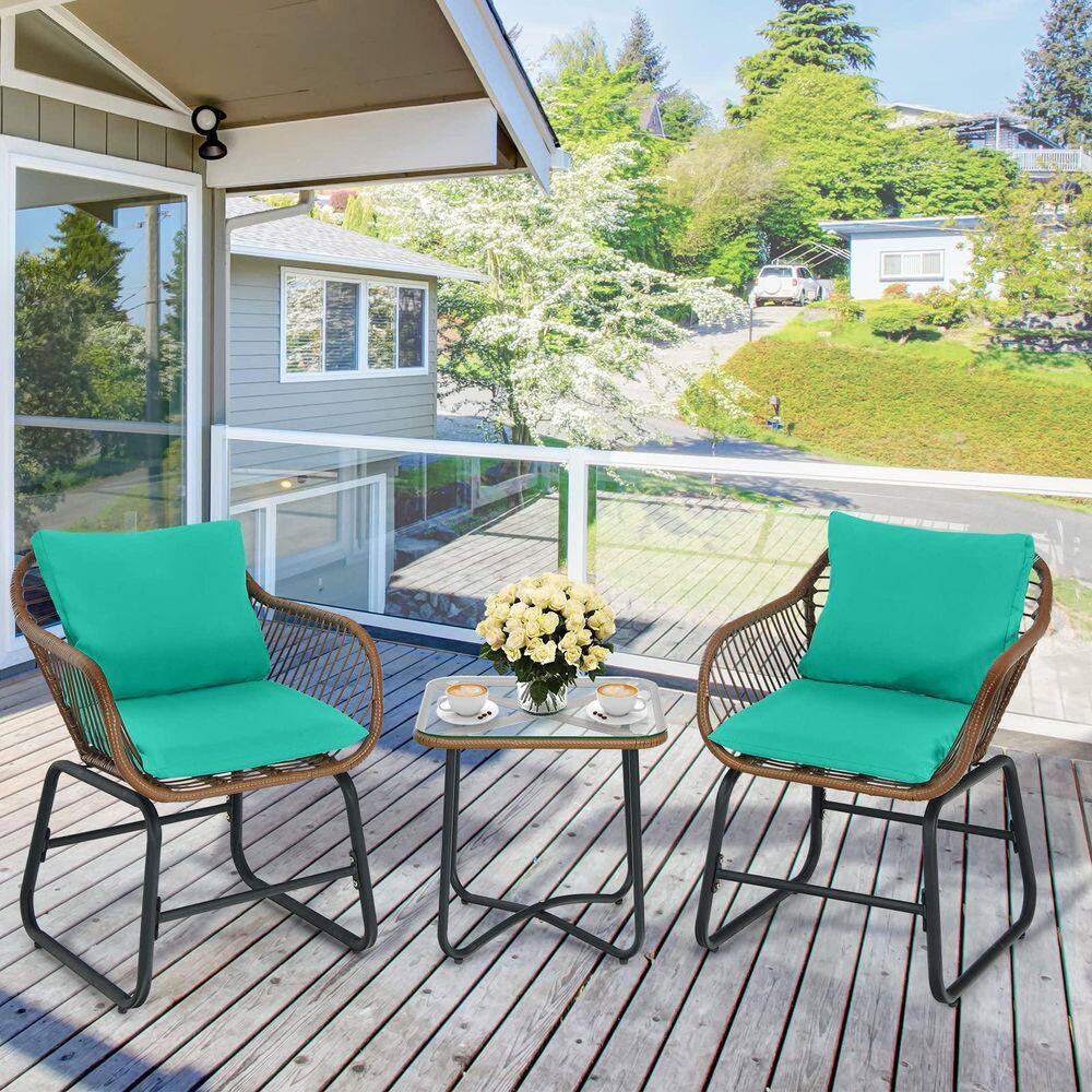 Alpulon Brown 3-Piece Wicker Outdoor Bistro Set with Turquoise Cushions
