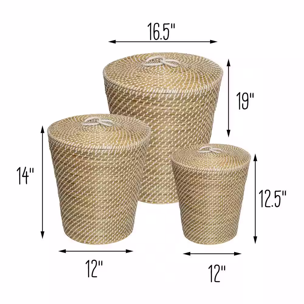 Honey-Can-Do Natural and White Seagrass Accent Tall Basket Set with Lids (Set of 3)