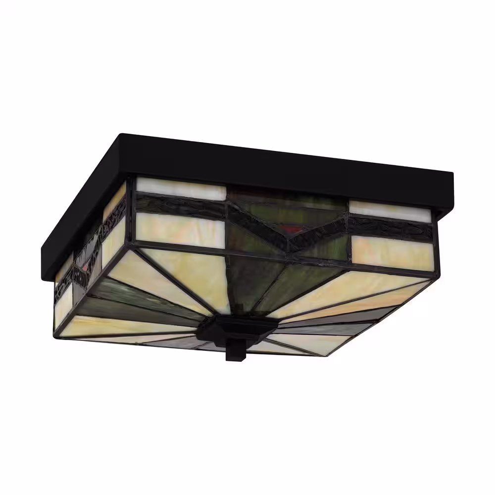 Home Decorators Collection Sumner 2-Light Matte Black Outdoor Tiffany Flush Mount