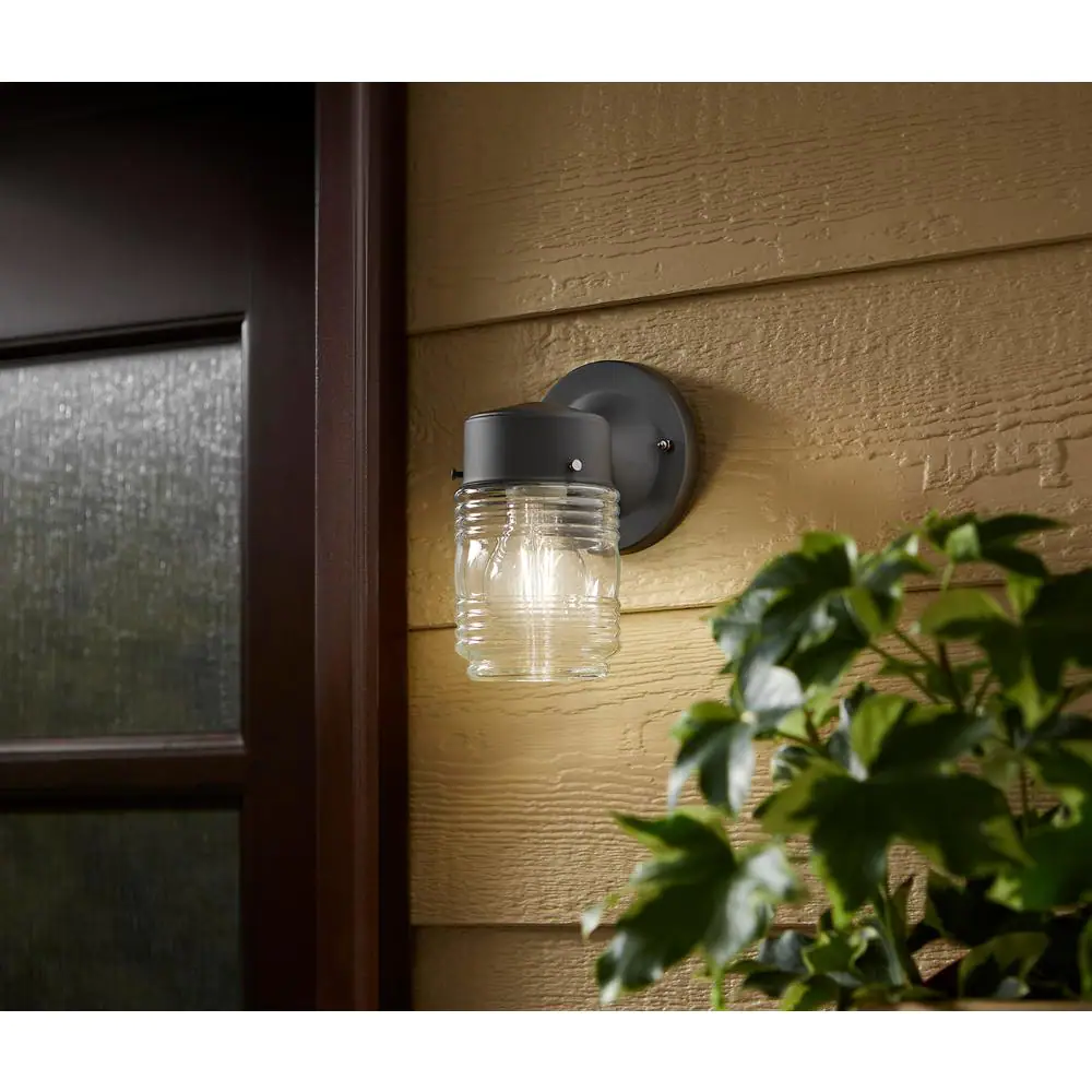 Hampton Bay 1-Light Matte Black Jelly Jar Outdoor Wall Lantern Sconce
