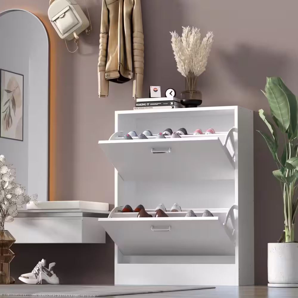 None 23.6 in. W x 31.4 in. H 12-Pair White Wood 2-Drawer Shoe Storage Cabinet with Foldable Compartments for Entryway Hallway