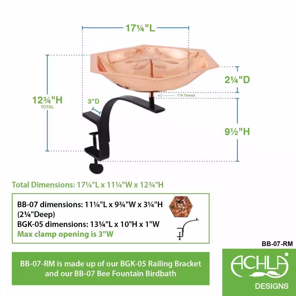 Achla Designs 40 in. Tall Copper Plated Hexagonal Copper Bee Fountain and Birdbath with Stake