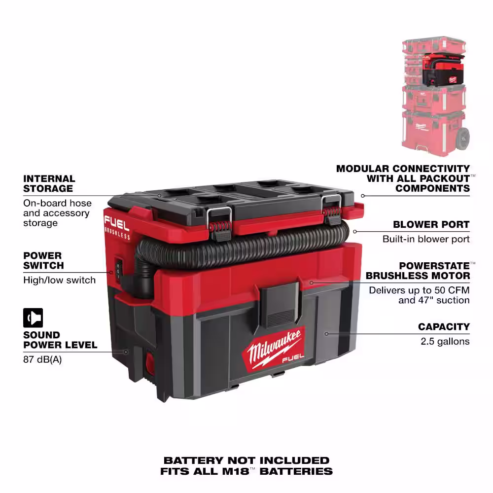 Milwaukee M18 FUEL 18V Lithium-Ion Brushless Cordless Hammer Drill/Impact Driver Combo Kit w/M18 Packout 2.5 Gal Wet/Dry Vacuum