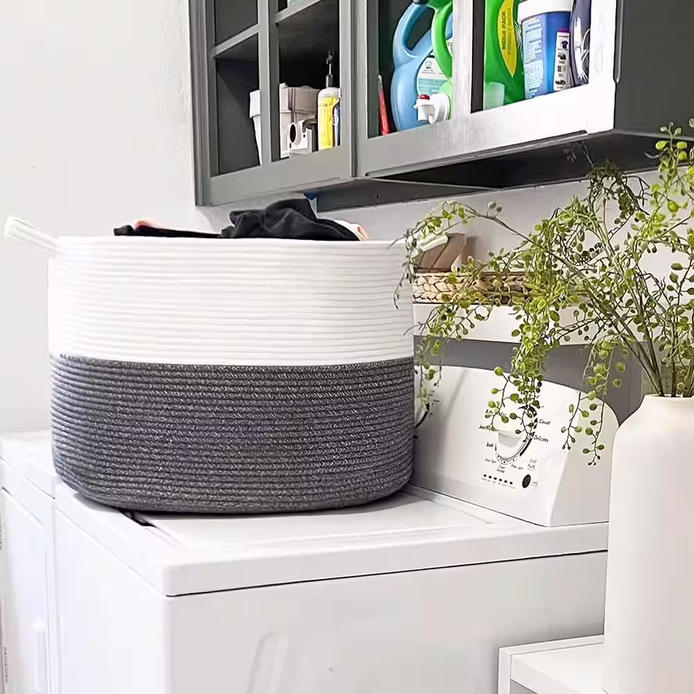 None Gray Woven Rope Basket with Handle