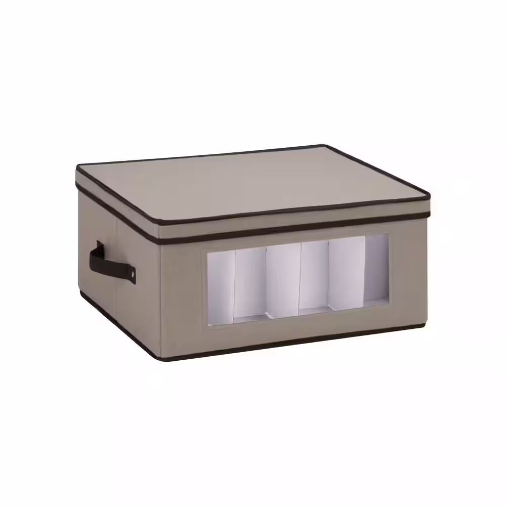 Honey-Can-Do 18.5 in. x 14 in. x 8.5 in. Dinnerware Storage Box in Gray Canvas with Balloon Style Wine Glasses