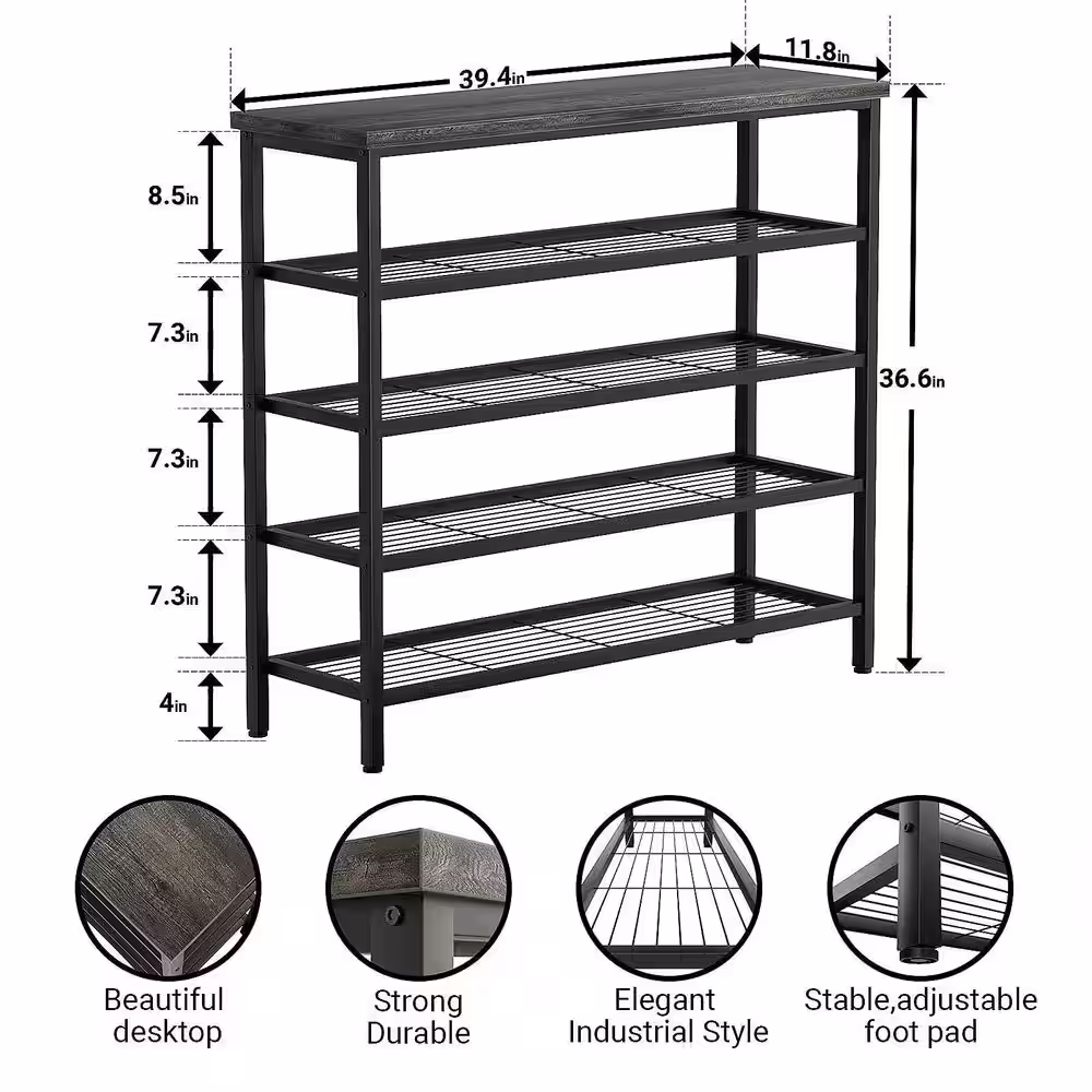 None 36.6 in. H 16-Pair 5-Tier Black Metal Shoe Rack