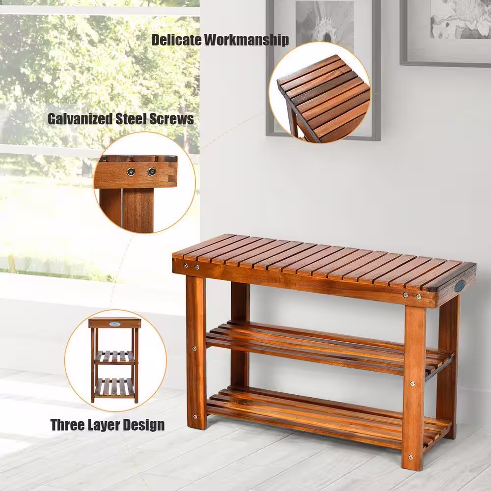 Boyel Living Teak 18 in. H 3-Tier 8- Pair Wood Shoe Storage Bench