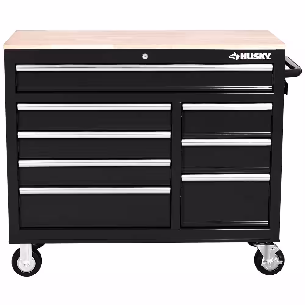 Husky 42 in. W x 18.1 in. D 8-Drawer Black Mobile Workbench Cabinet with Solid Wood Top
