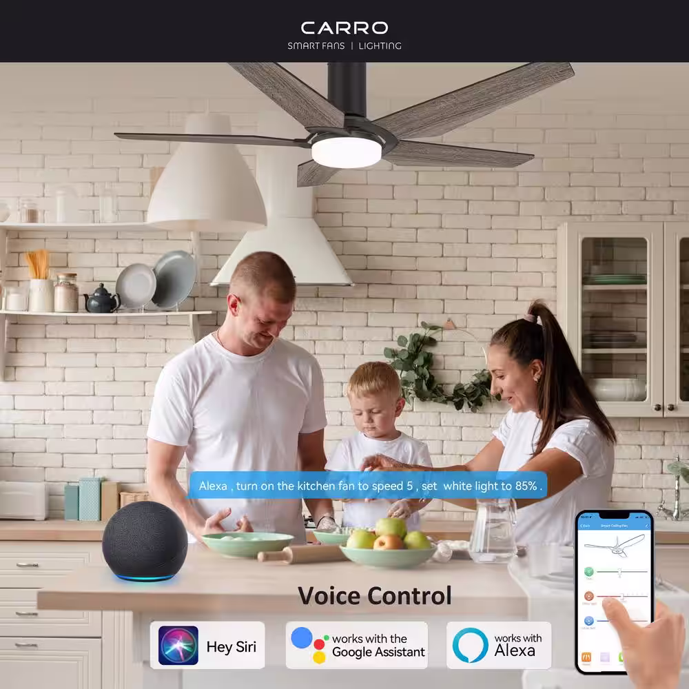 CARRO Voyager 52 in. Dimmable LED Indoor/Outdoor Black Smart Ceiling Fan with Light and Remote, Works with Alexa/Google Home
