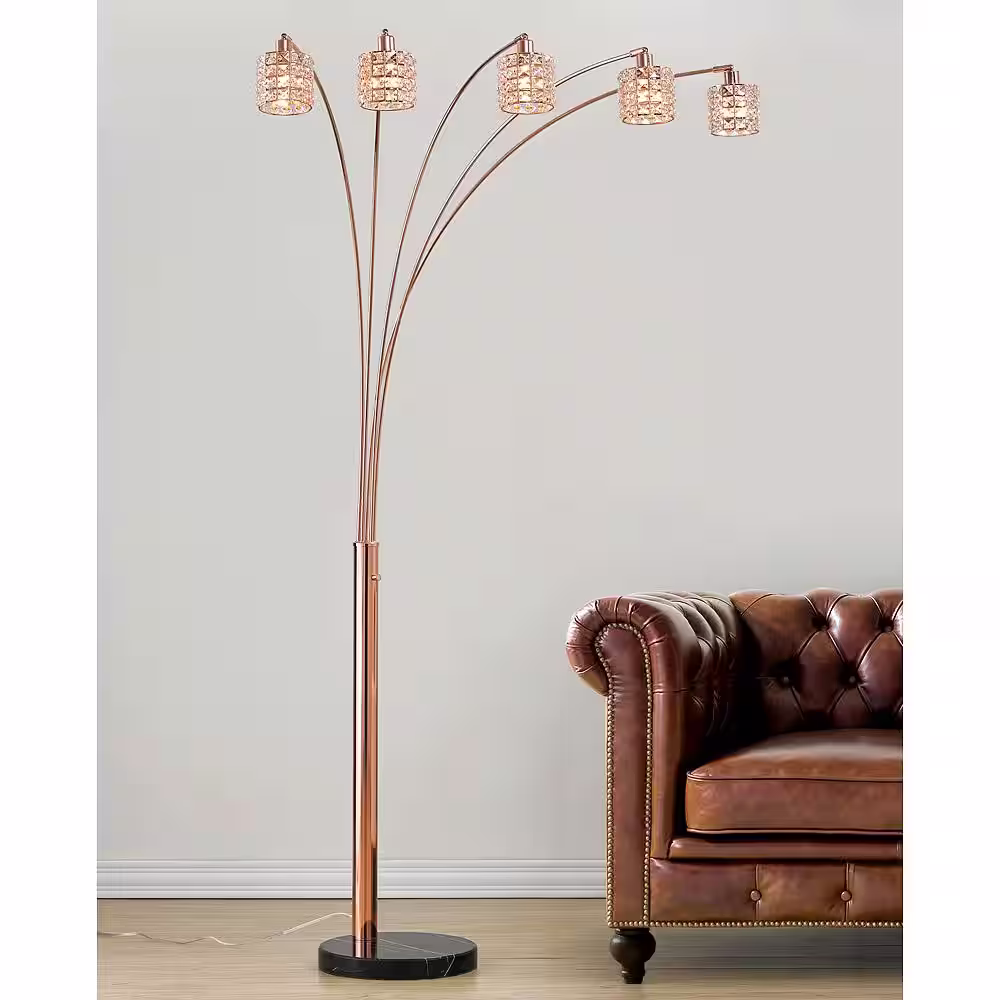 HomeGlam Flair 85 in. H Rose Copper Finish LED Dimmable 5-Light Crystals Arch Floor Lamp with LED Bulbs